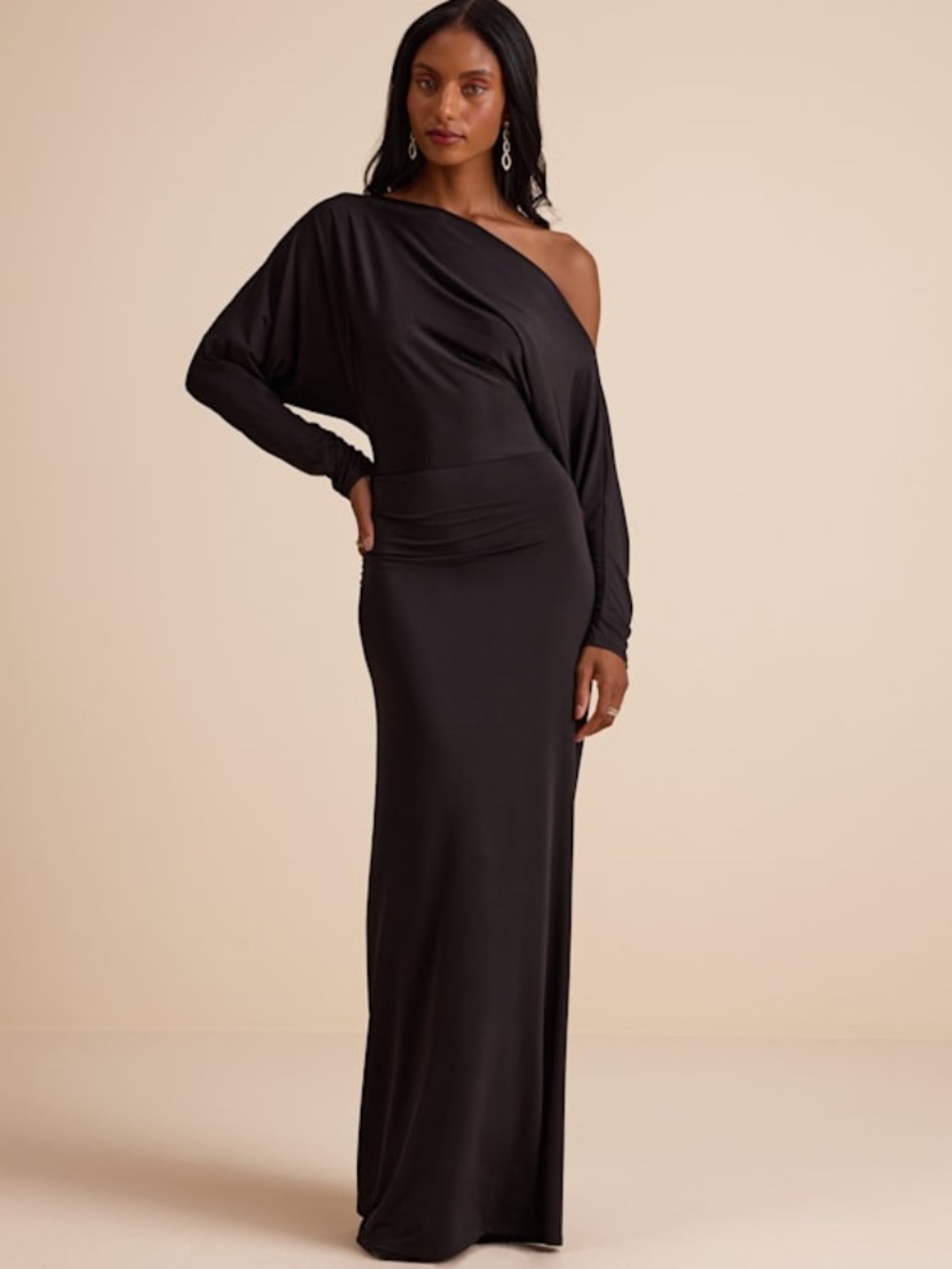 Lulus Valani Black Jersey Knit Asymmetrical Long Sleeve Maxi Dress - Size XS